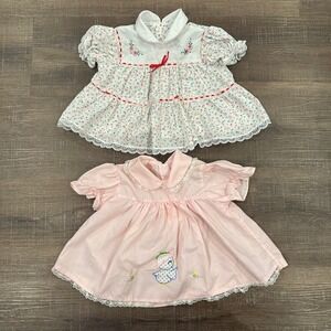 Vintage Cradle Togs Lot: Pink Embroidered Chick & Floral Calico Babydoll Dresses